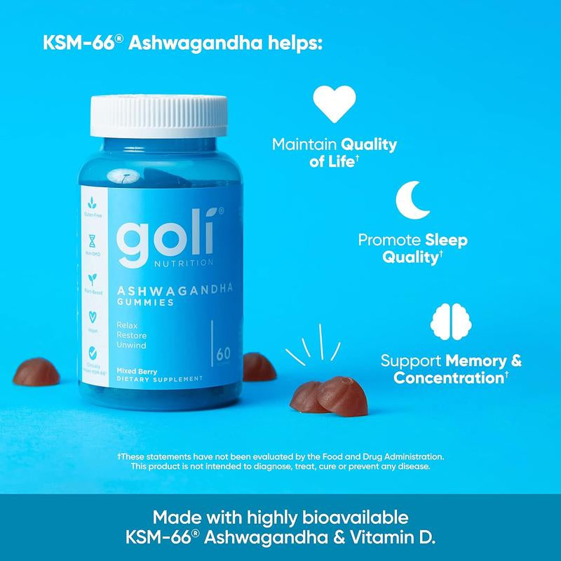 Goli Ashwagandha & Vitamin D Gummy - Mixed Berry, KSM-66, Vegan, Plant Based, Non-Gmo, Gluten-Free & Gelatin Free. America'S #1 Ashwagandha Brand